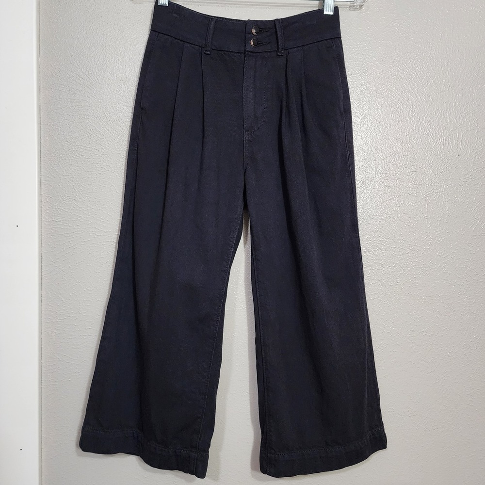 Paige Pleated‎ Wide Leg Cropped Pants Black Casual Comfort Career Trousers